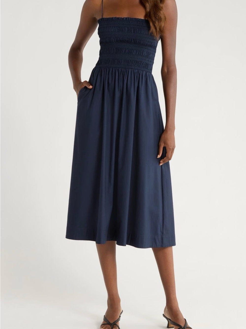 Reformation Navy Smocked Strap Midi Dress with Pockets